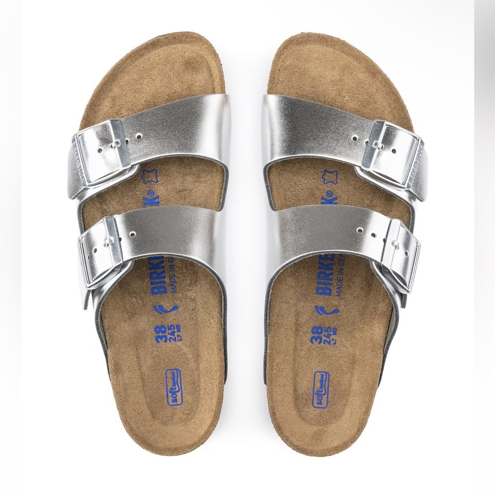 BIRKENSTOCK ARIZONA SOFT FOOTBED SANDALS IN METALLIC SILVER 37 6 - Picture 4 of 13